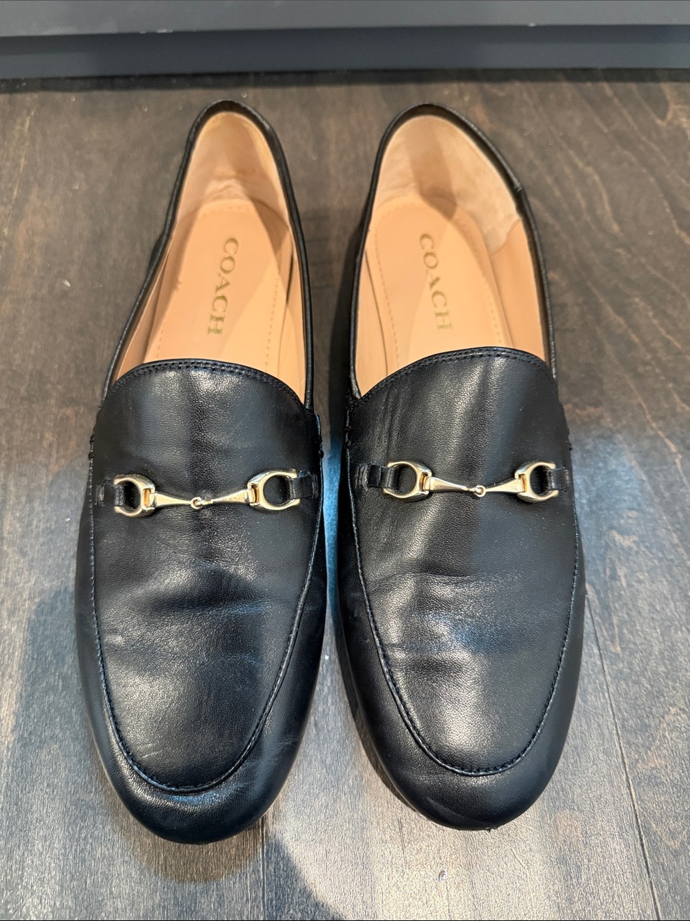 Coach Black Leather Loafers with Gold Bit Hardware